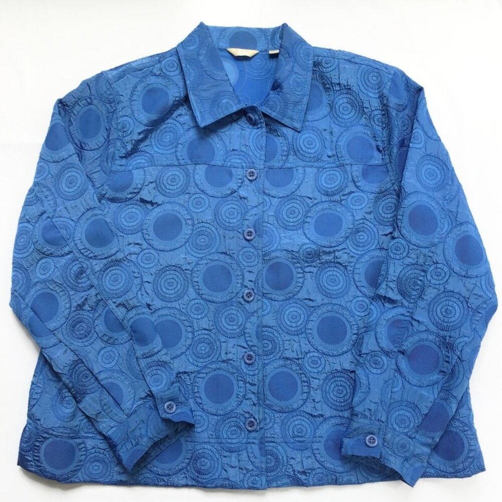 Erin Womens Shirt Jacket 1X Blue Textured Circle Button Front
